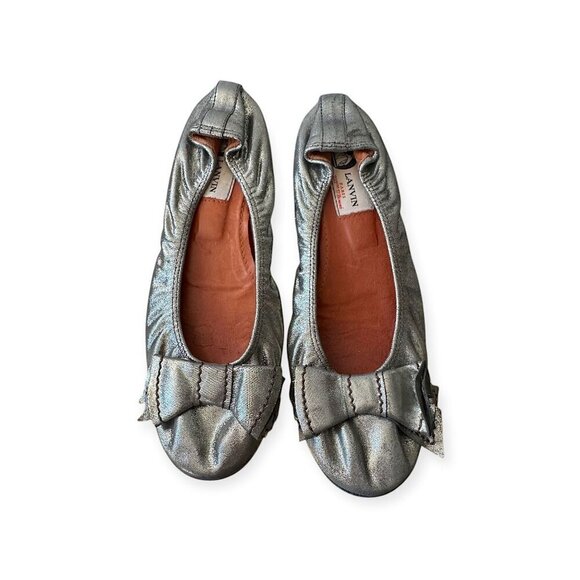 Lanvin Classic Ballerina Flats with Oversized Bows. Pewter‎ leather. - Picture 1 of 13